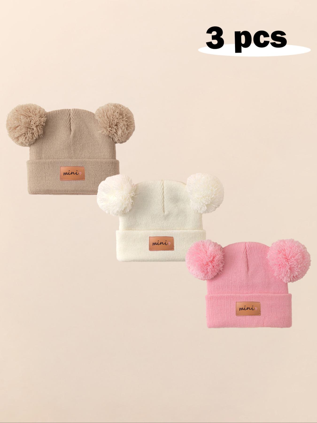 3pcs Baby Girl Newborn Toddler Pom-Pom Heart Beanie Hat, Cozy Knit Winter Warm Heart Cute Hat, Outdoor Baby Accessories Bunny Bonnet
