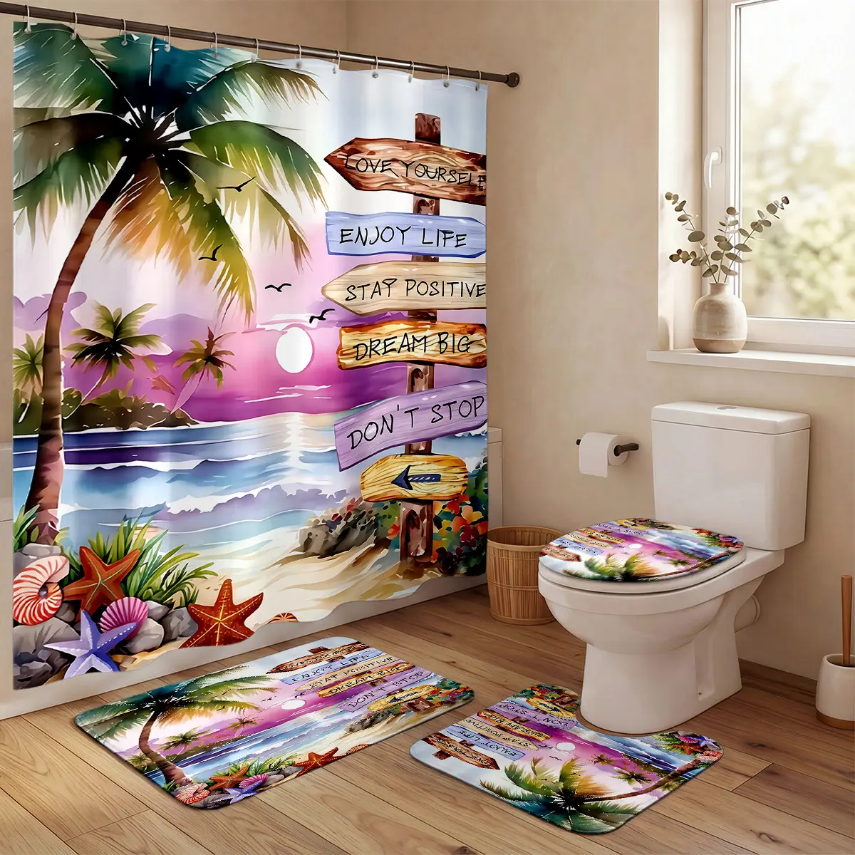 Tropical Beach Shower Curtain Set – Inspirational Wooden Sign Palm Tree Sunset Ocean Starfish Bathroom Decor for Summer Holiday, Luau Party & Vacation Vibes
