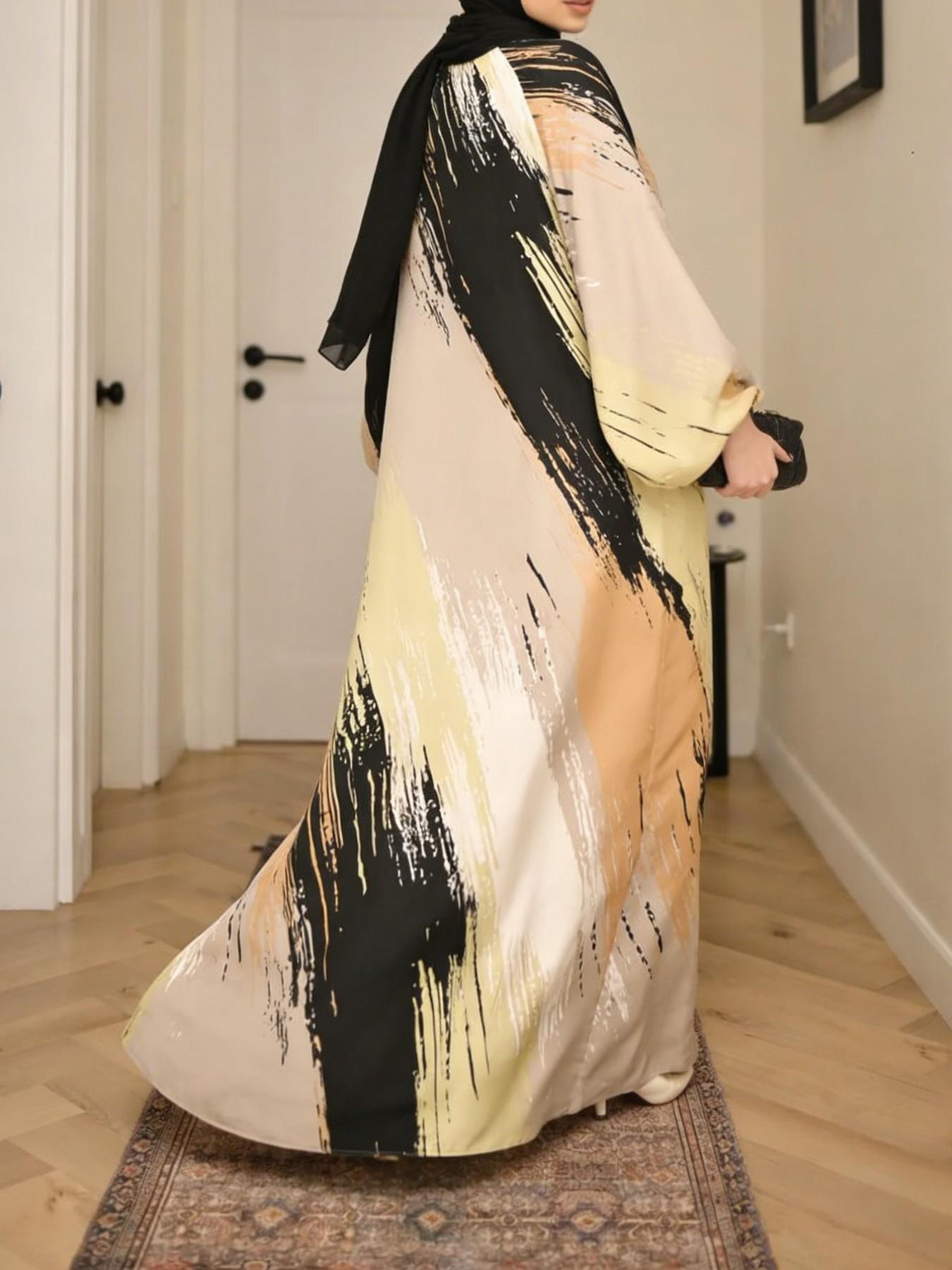 New Summer-Autumn Watercolor Print Long Robe for Women, Loose Fit Slimming Dubai Turkish Abaya Muslim Dress, Ideal for Daily Commute, Dates, Parties