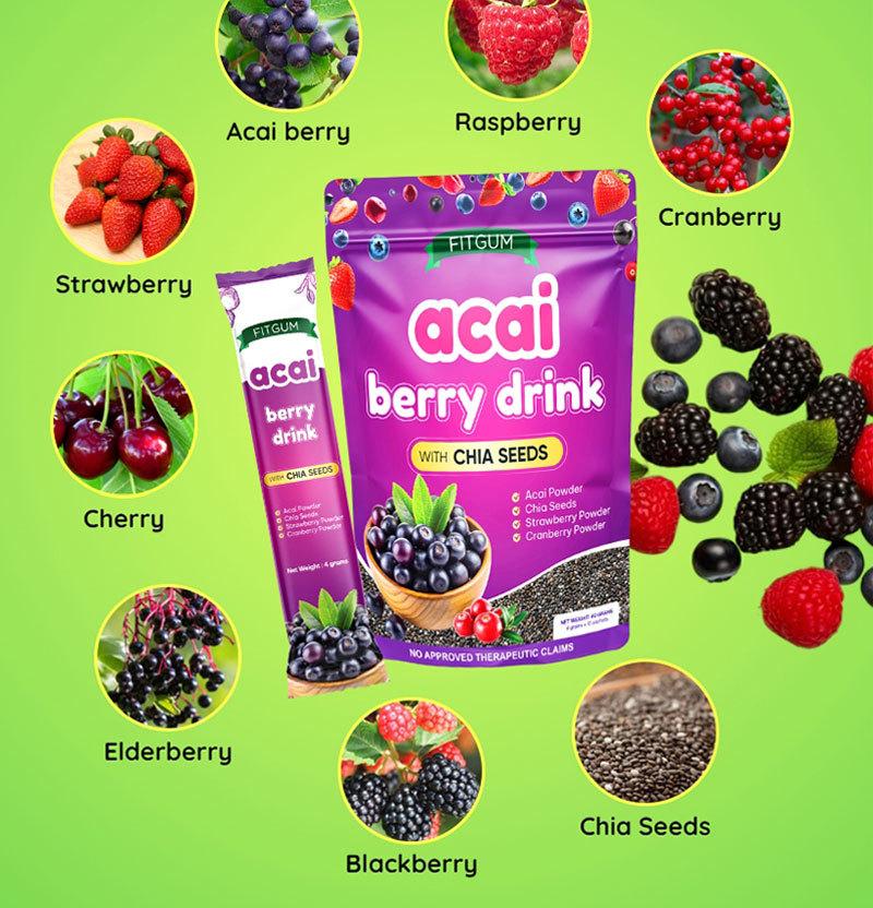 Acai Berry Drink Powder with Chia Seeds – Berry Flavor Beverage Mix (10 Sachets) - 3-Pack