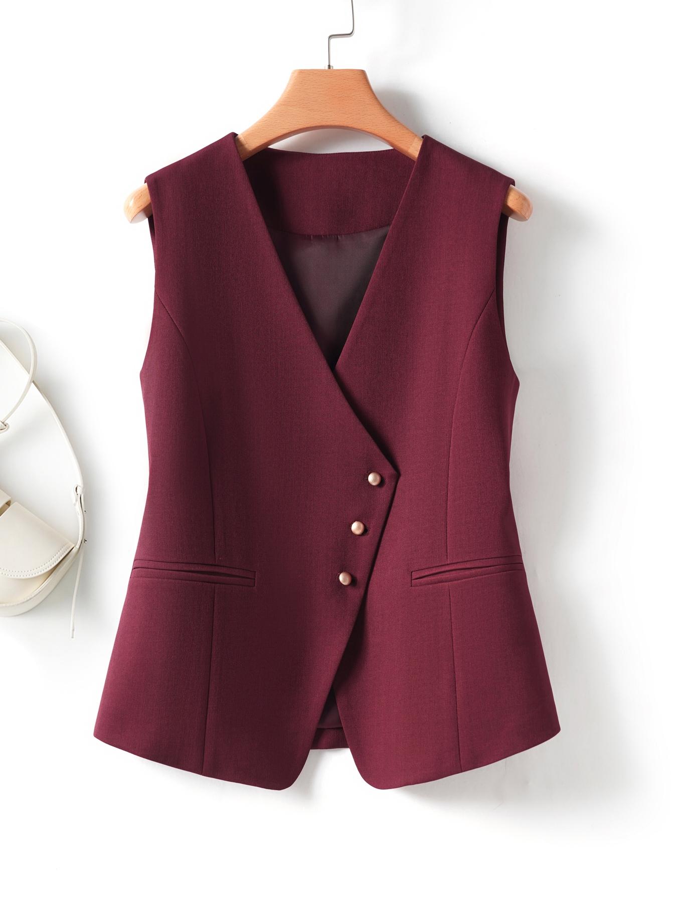 Minimalist Women's Basic Solid Color Fitted Asymmetric Button-Front Blazer Vest, Elegant Chic V-Neck Sleeveless Outerwear, Spring & Fall Work Office Clothes Business Vest