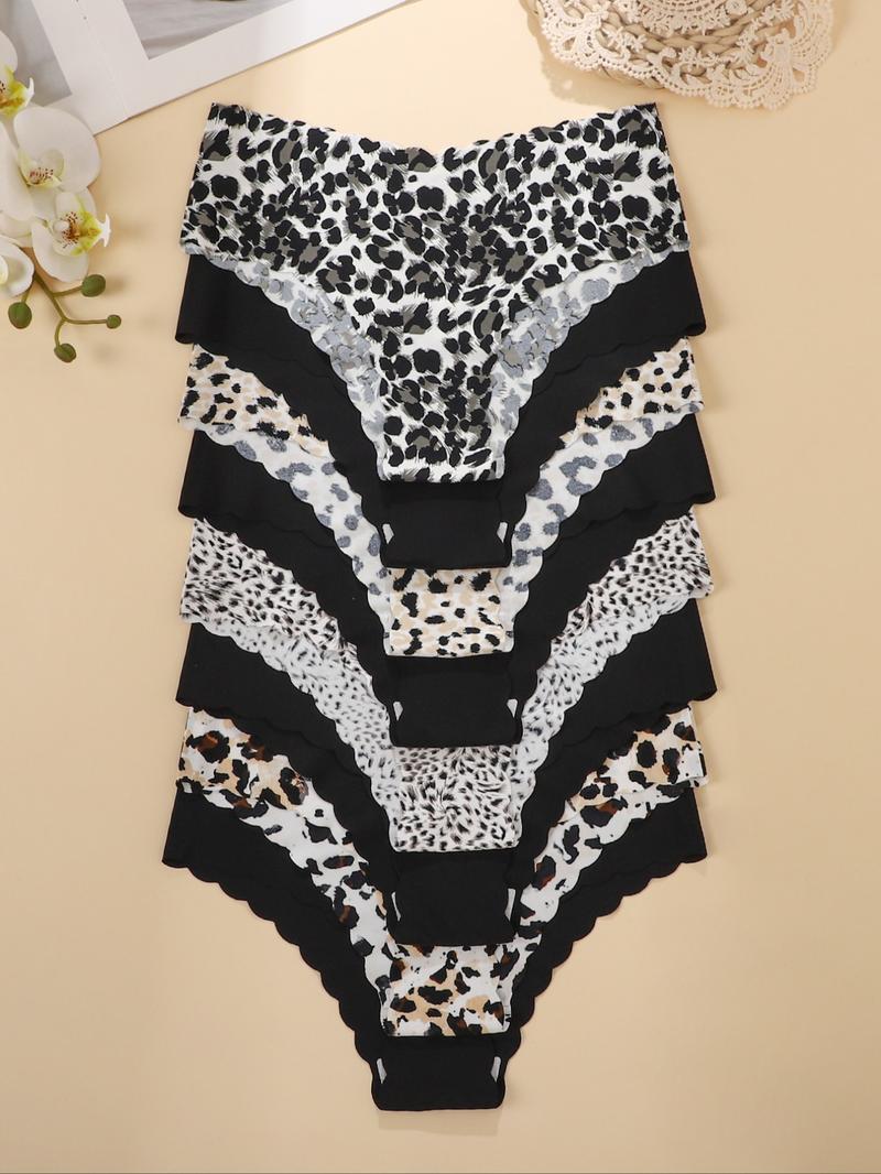 Women's Leopard Print & Solid Color Panties, Comfortable Seamless Briefs, V-Shaped Pull-Up Waistband, Floral Pattern