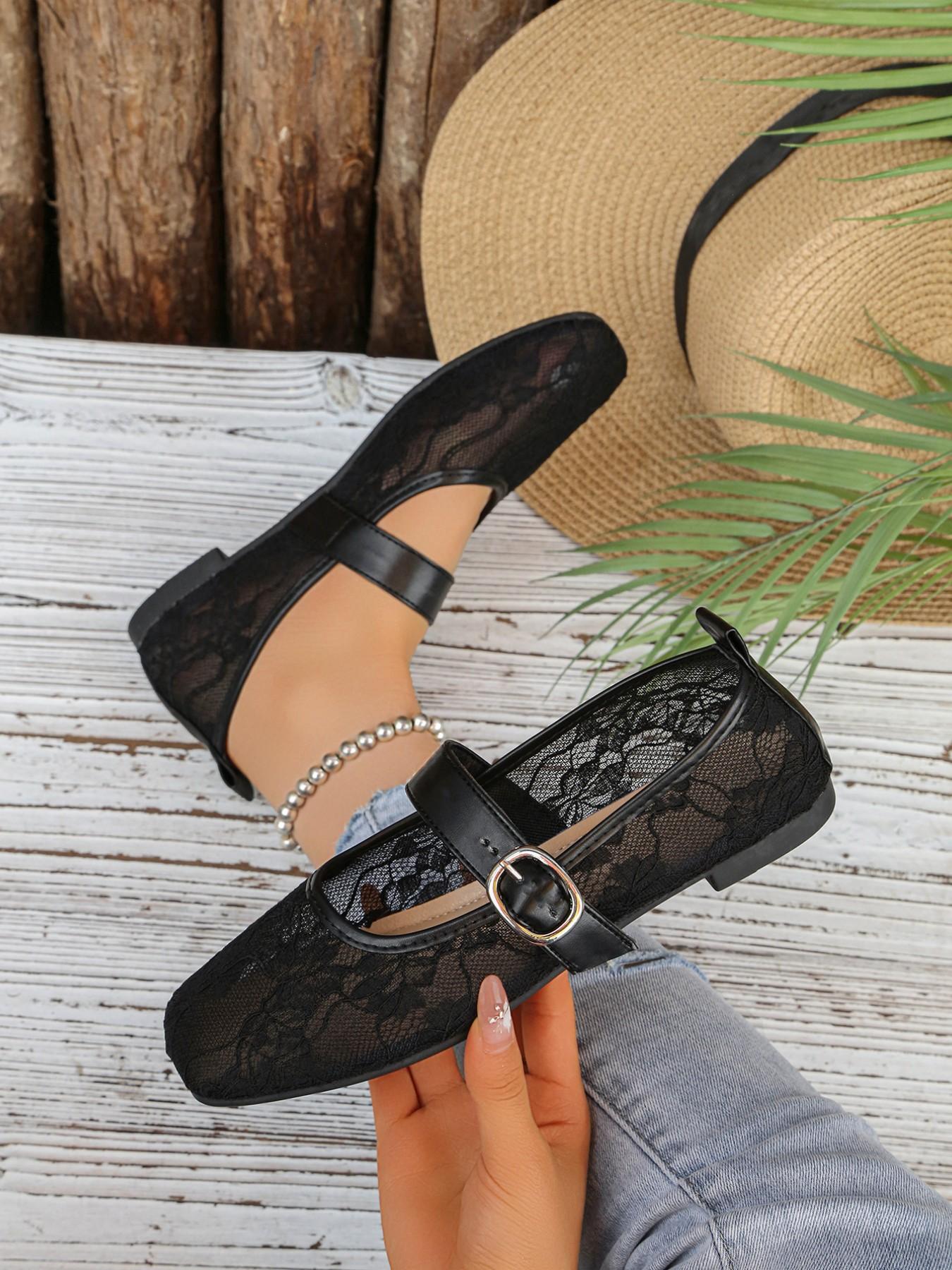 2026 Summer Hollow Out Mesh Square Toe Lace Mary Jane Shoes, Breathable Flat Shoes, Soft Sole Versatile Buckle Single Shoe