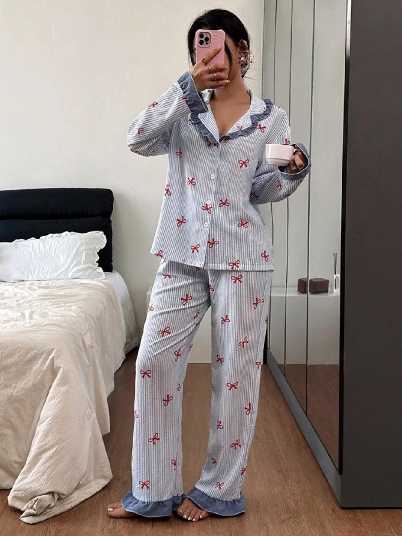 Women's 2-Piece Sleepwear Set Loungewear, Sweet Casual Home Clothes, Long Sleeve Pajamas with Bow Pants, Pocket Design, Striped Pattern, All Seasons