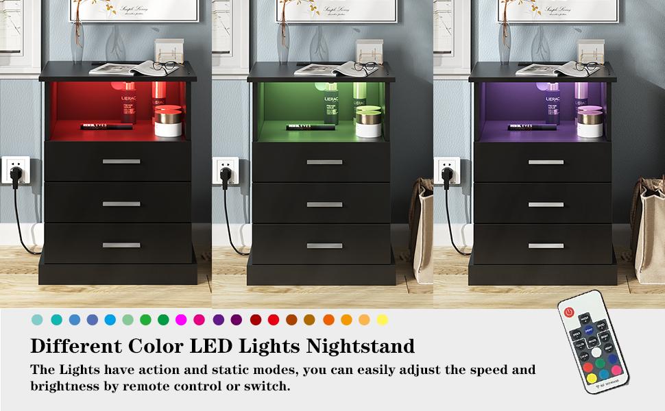 Vabches LED Nightstand with Charging Station, Side Table with 3 Drawers and Light, End Table with Open Storage, Beside Cabinet for Bedroom
