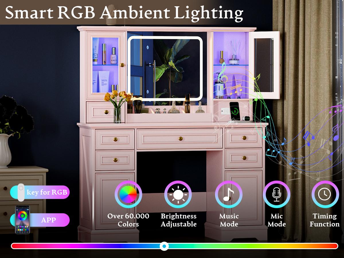 Led Light Vanity,Adjustable Lighting Makeup Vanity Set，Farmhouse Vanity Desk with Mirror and Lights,Large Makeup Table Set with RGB Cabinets,6 Drawers and Storage Shelves Dressing Table for Bedroom Dressing Room，