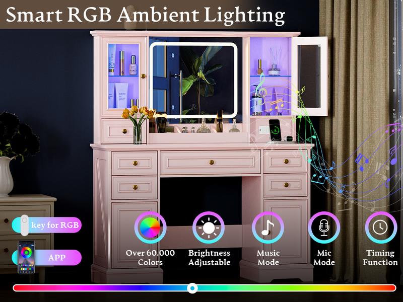 Led Light Vanity,Adjustable Lighting Makeup Vanity Set，Farmhouse Vanity Desk with Mirror and Lights,Large Makeup Table Set with RGB Cabinets,6 Drawers and Storage Shelves Dressing Table for Bedroom Dressing Room，