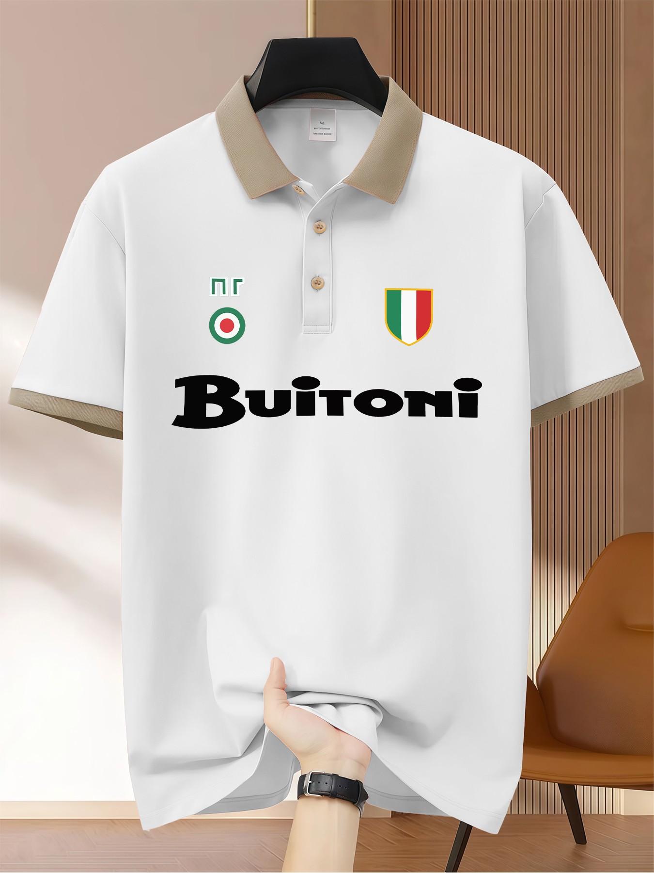 Buitoni Italian Flag Shield Vintage Print Polo Shirt, Business Casual Men's Short Sleeve Knitwear, Daily Commute Office Wear Top