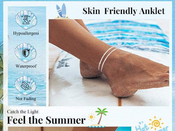 Dainty Layered Waterproof Anklet Set for Women, Adjustable Stackable Figaro Beaded Cuban Link Anklets, 14K Gold Plated Tarnish-Resistant Foot Jewelry, Summer Beach Essential & Valentine's Day Gift, Hypoallergenic All-Match Accessories