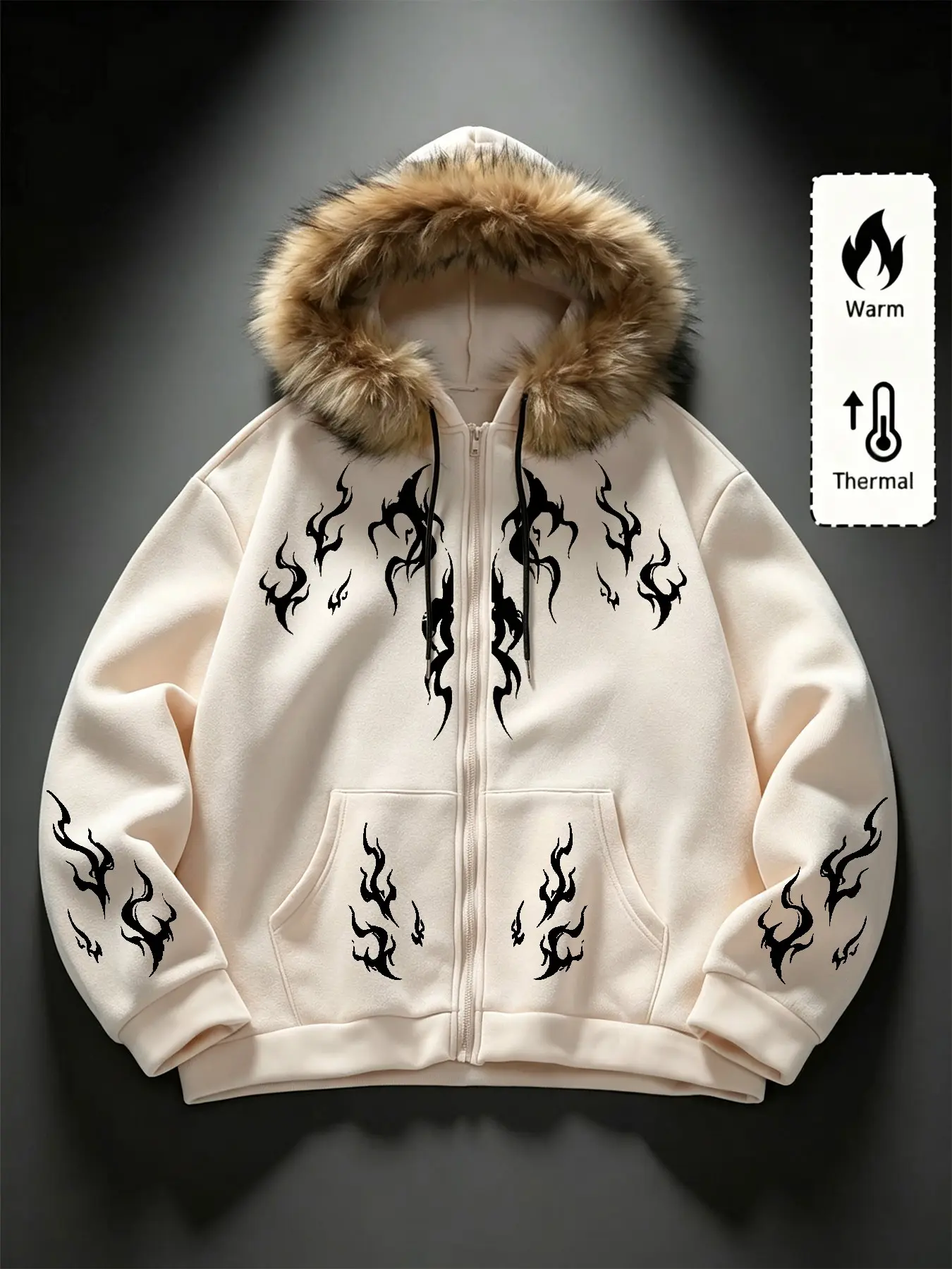 Men's Hooded Open Front Jacket, Gothic Dragon Pattern, Fitted Long Sleeve Top, Casual Streetwear, Eye-Catching Fur Collar Design