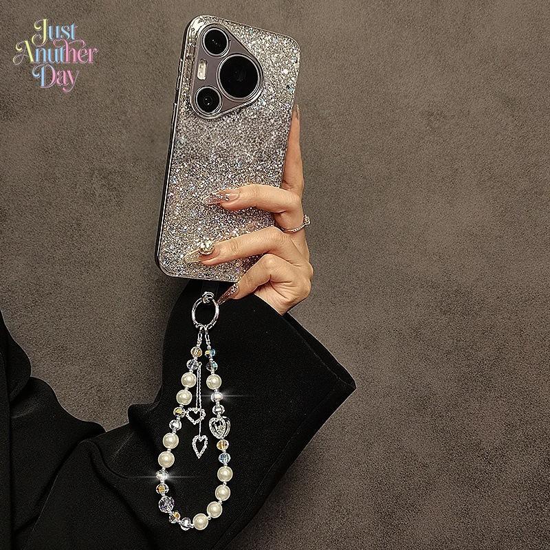 Luxury Crystal Pearl PVC Beaded Phone Lanyard - Rhinestone Heart Wrist Strap, Romantic Glamorous Ethnic Plain Unisex Key Bag Charm Fashion Accessory (Tie Dye, Peppy), Heart Charm, Baroque