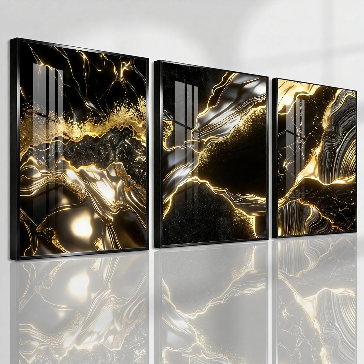 3 Counts Aluminum Alloy Framed Painting, Abstract Black And Gold Fluid Art Pictures, Home Decoration For Living Room, Bedroom, Office, Restaurant, Hallway Wall Decor, Odorless Print Artwork, Luxury Perfect Gift For Friends And Family