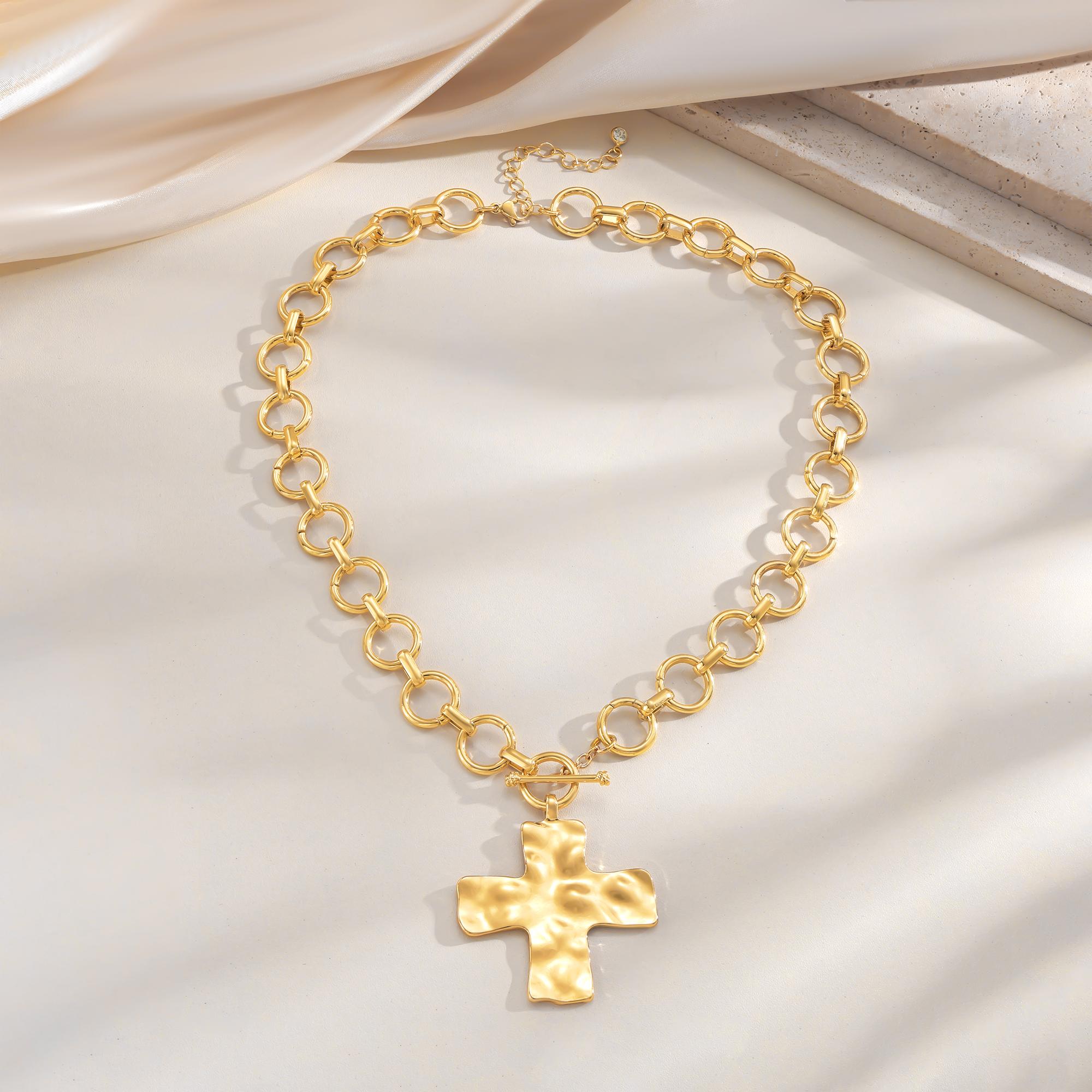 Gold Chunky Cross Necklace for Women Statement Cross Pendant Necklace Layered Hammered Bold Cross Necklace Vintage Toggle Clasp Easter Necklace Jewelry Fashionable Accessories