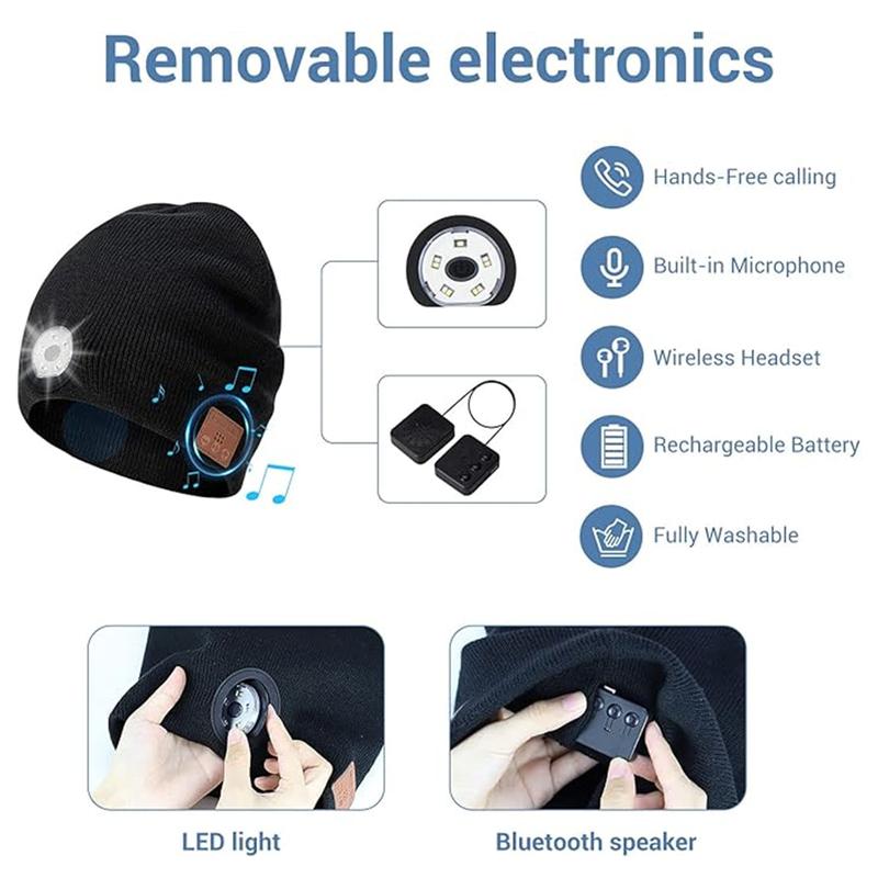 LED Hat Bluetooth Lighted Beanie,Unisex USB Rechargeable 6 LED Headlamp,Musical Knit Hat with Headphones and Built-in Speaker Mic,Unique Christmas Birthday Gifts for Men Him Husband Teen