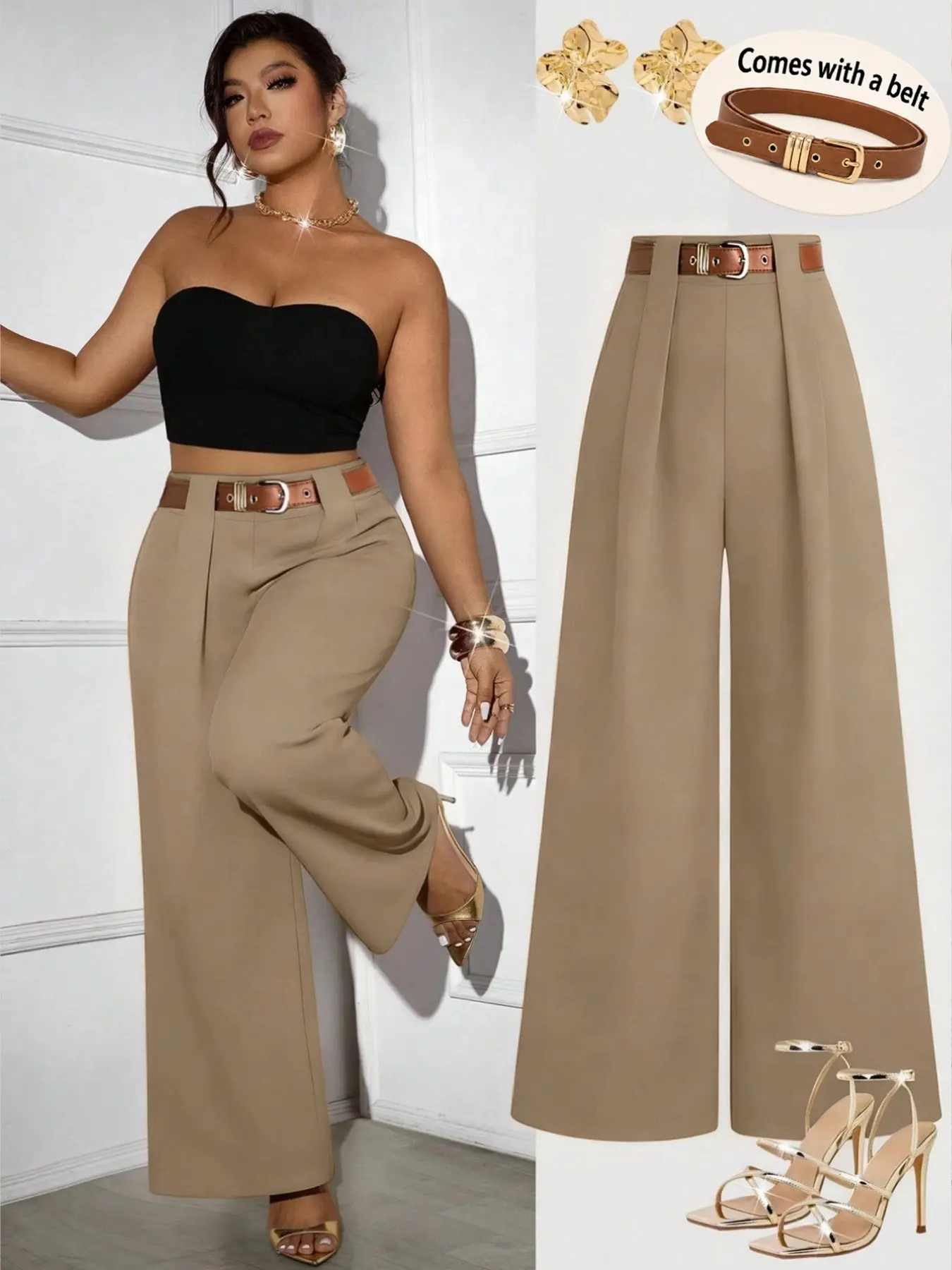Women's Plus Size High Waisted Wide Leg Pants Belted Pleated Front Trousers Elegant Office Workwear Business Casual Commuter style Outfits casual style bottoms Trendy