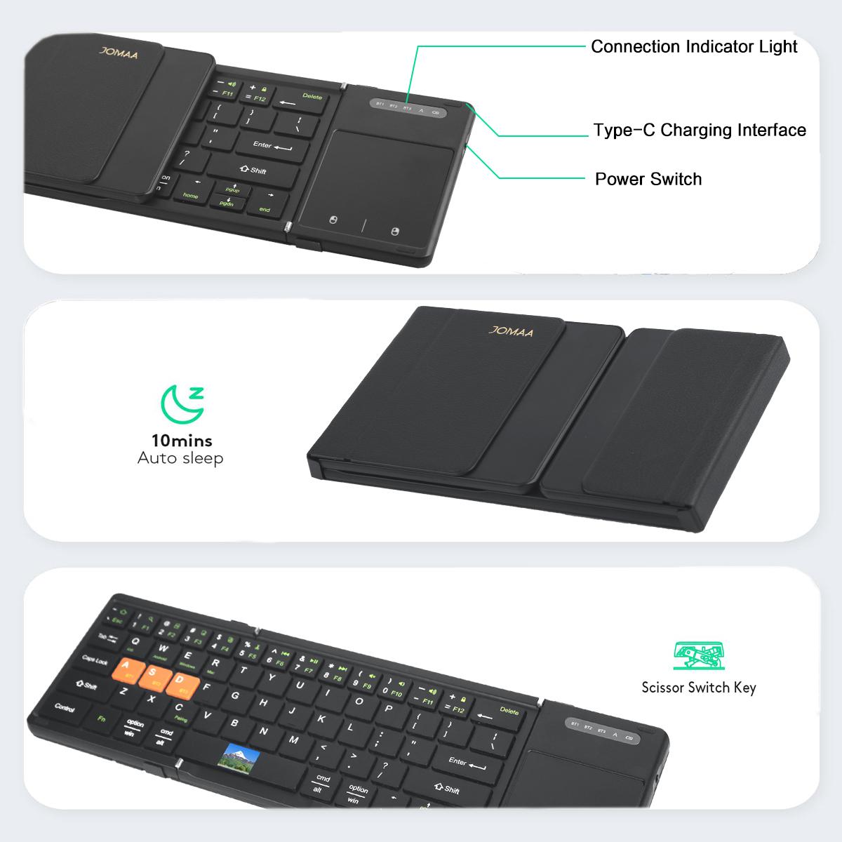 JOMAA Portable Tri-Foldable Bluetooth Keyboard with Touchpad Bluetooth Wireless Rechargable Keyboard Supports Multi-Device Keyboard for Windows/Android/iOS