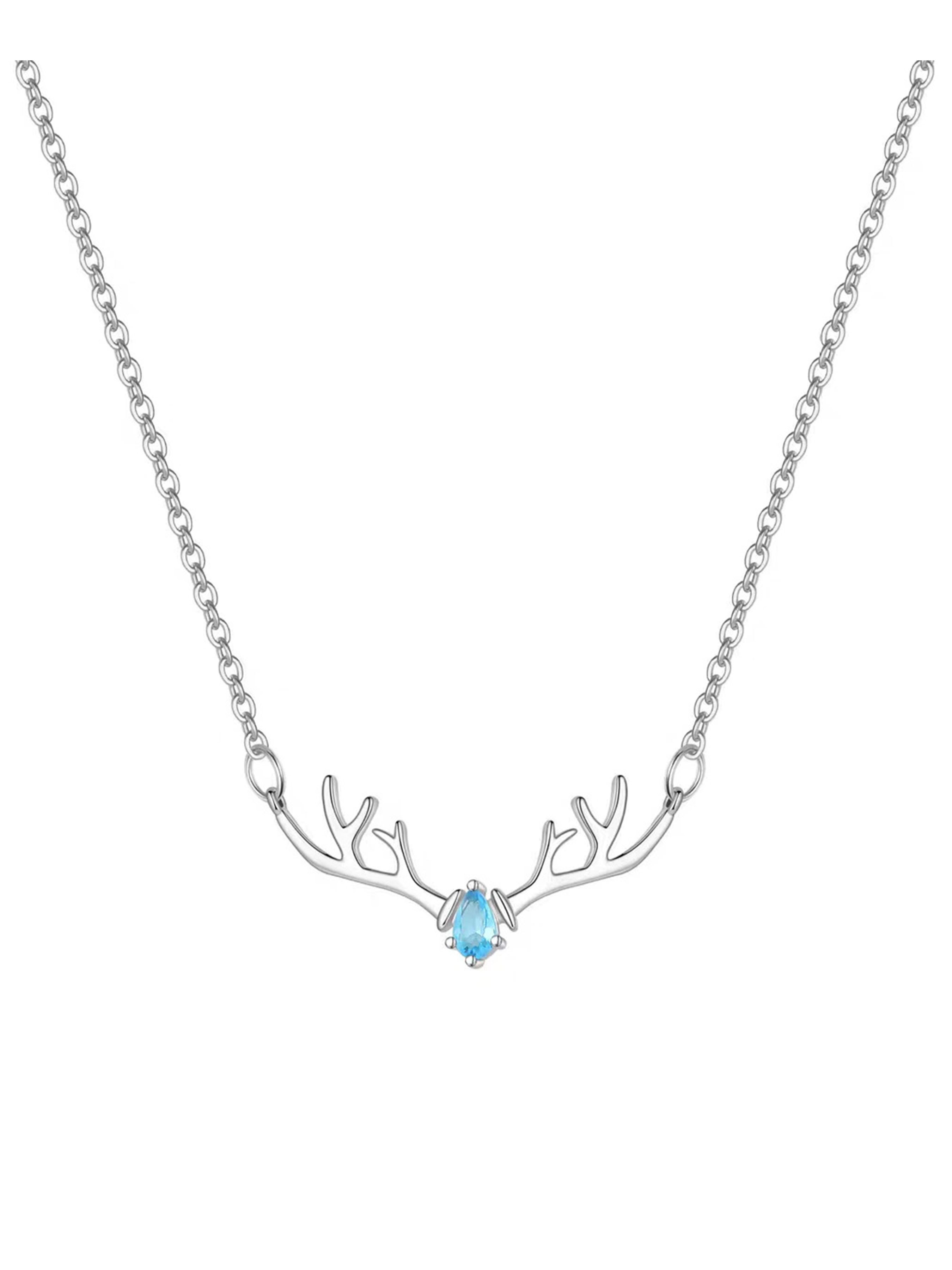 Tarnish-Free Titanium Steel Antler Necklace for Women - Waterproof Blue Crystal Deer Pendant Jewelry Gift