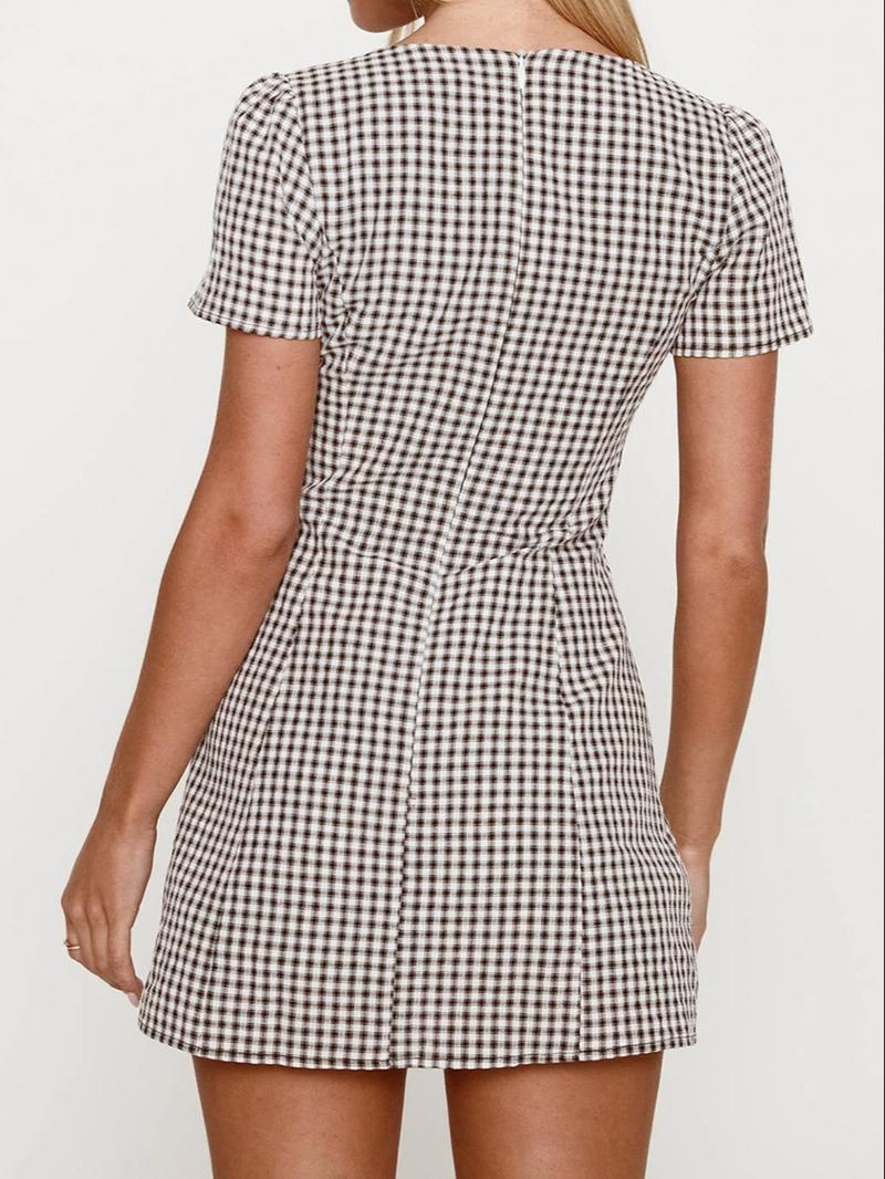 Women's Plaid Print Button Decor V Neck Dress Casual Fashion Short Sleeve Dress for Daily Outdoor Wear Ladies Clothes for All Seasons Sexy Shirt Mini Dress