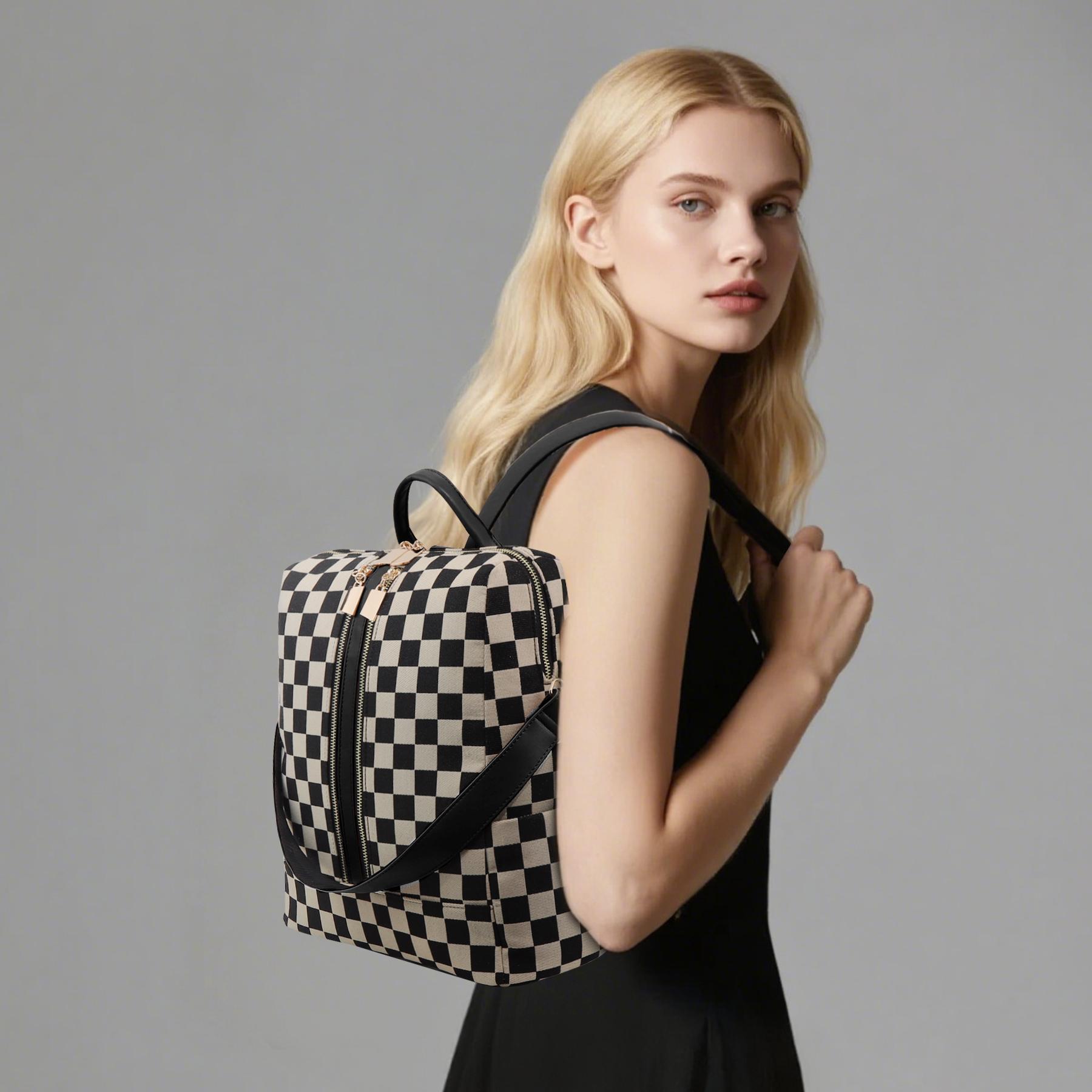 Checkerboard Pattern Backpack Set, Women'S Vintage Trendy Casual Large Capacity Zipper Travel Backpack & Wristlet, Multifunctional Bag Set For Daily Use