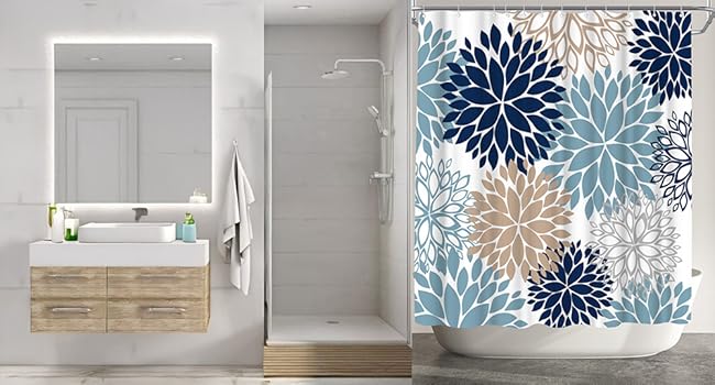 Blue Shower Curtain Dahlia Flower Print Polyester Shower Curtain Bathroom Decor, 72x72inch (deep Blue,tan,Grey,White)