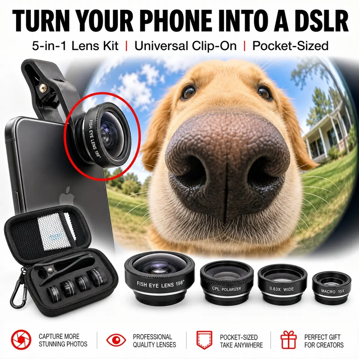 5 in 1 Phone Camera Lens Kit -0.63X Wide Angle Lens & 15X Macro Lens+190°Fisheye Lens/CPL + 2X Telephoto Lens Compatible with iPhone Samsung Sony and Most of Smartphone