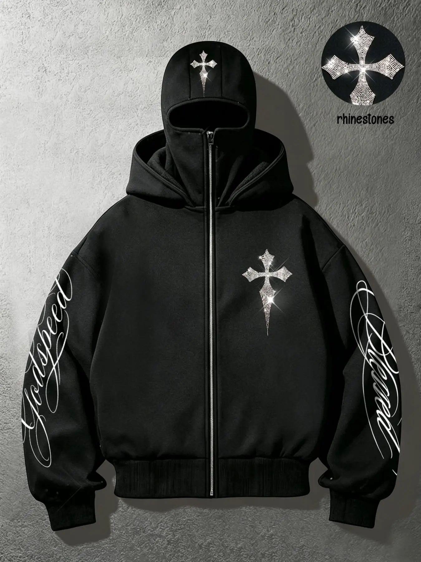 Men's Rhinestone Cross Masked Hooded Sweatshirt with Zipper, Unisex, "blessed" "Godspeed" Full-Zip Jacket with Face Mask, Y2K Gothic Hip-Hop High-Street Fashion Brand Zip-Up Hoodie for Men