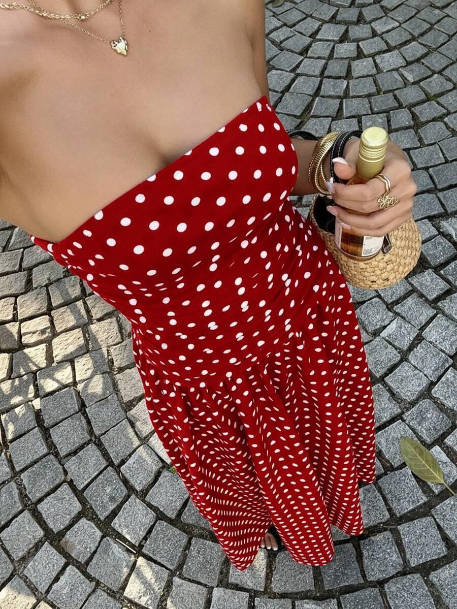 Women's Polka Dot Waist-Cropped Crop Top Dress, Vacation Style, Long Sun Dress, Casual Summer Midi Dress, Elegant Design