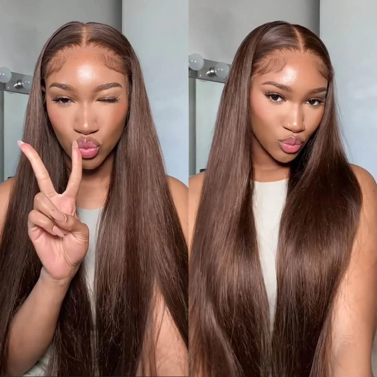 #4 Ginger Brown Straight Lace Front Wig Human Hair Dark Brown 13X6 HD Lace Frontal Wigs 200% Density Colorful Human Hair Wigs For Women Pre Plucked Hairline