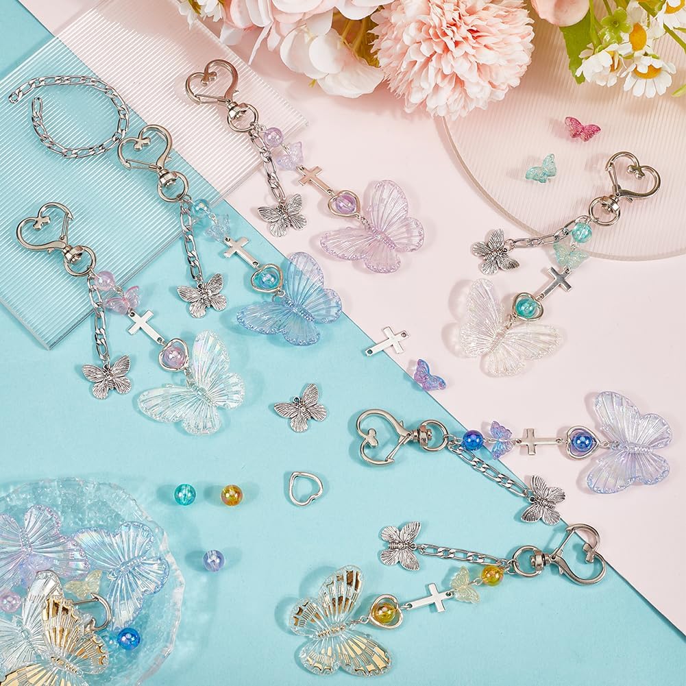 128 count Butterfly  Making Kit Butterflies Beads Colorful Butterfly Bead Heart Butterfly Charms  Glass Spacer Beads for Keychains Making Women Adults DIY Crafts Supplies