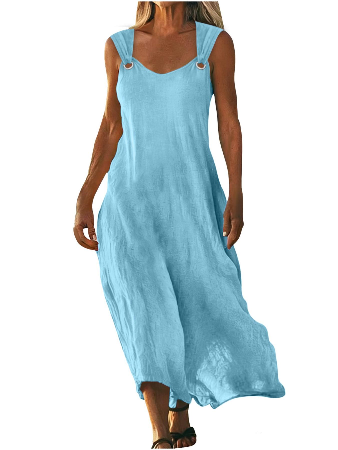 2026 Women's Dress, Everyday Casual Summer Wear, Womenswear, Elegant Aesthetic V-Neck Design, Metallic Button Detailing, Breathable Lightweight Cotton-Linen Fabric, Sleeveless, Minimalist Style