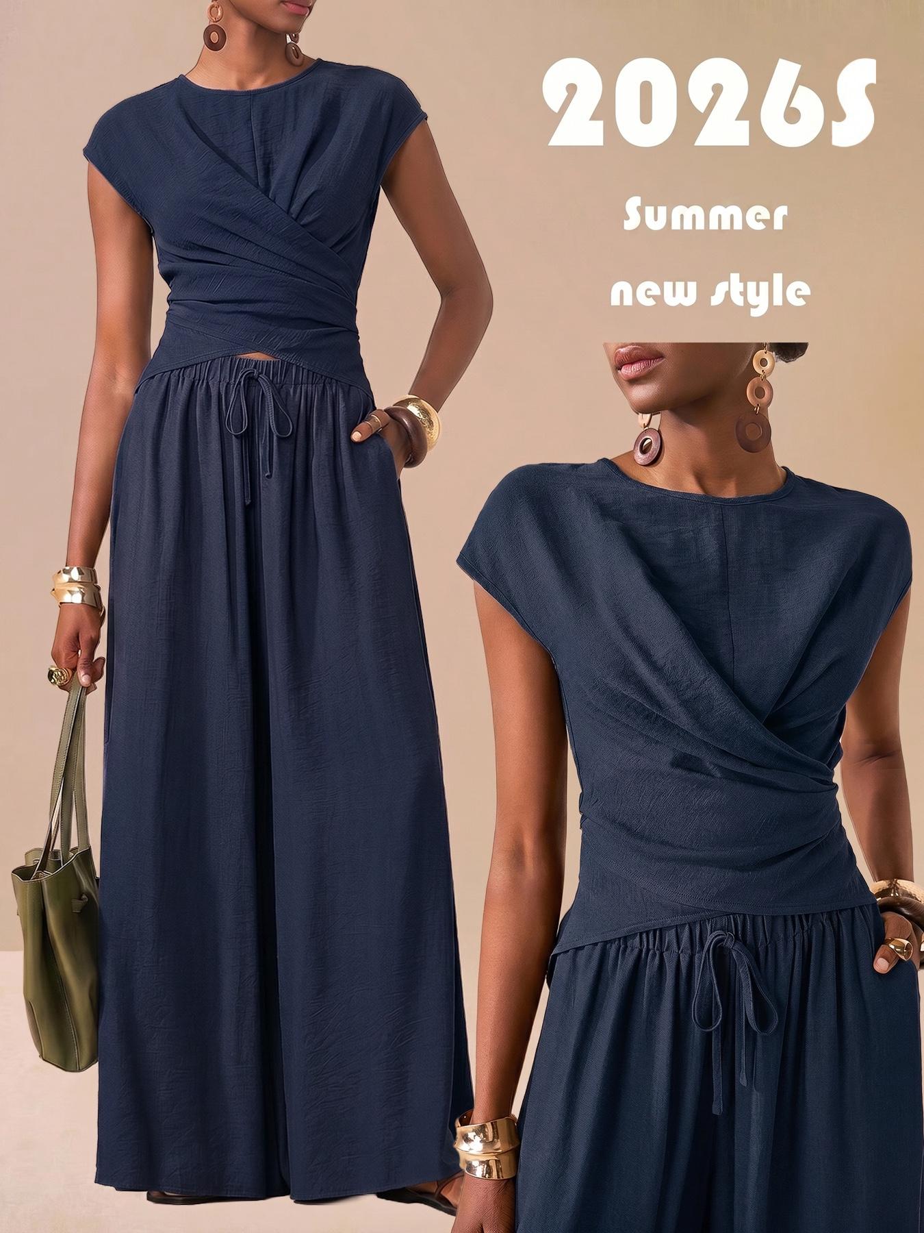 2pcs/Set Women's Casual Pleated Top and Wide Leg Pants Set,Summer Elegant Vacation Holiday Women's Two Pieces, Small Round Neck Overlapping Hem Versatile Casual Cruise Beach Seaside Wear,Comfortable Loose Fit, Perfect for Daily Wear