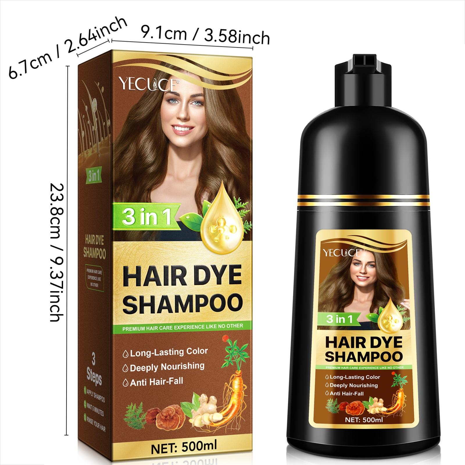 YECUCE 3in1 Hair Dye Shampoo - Dark Brown 500ml, natural herbal hair dye shampoo, quick coloring, suitable for both men and women.