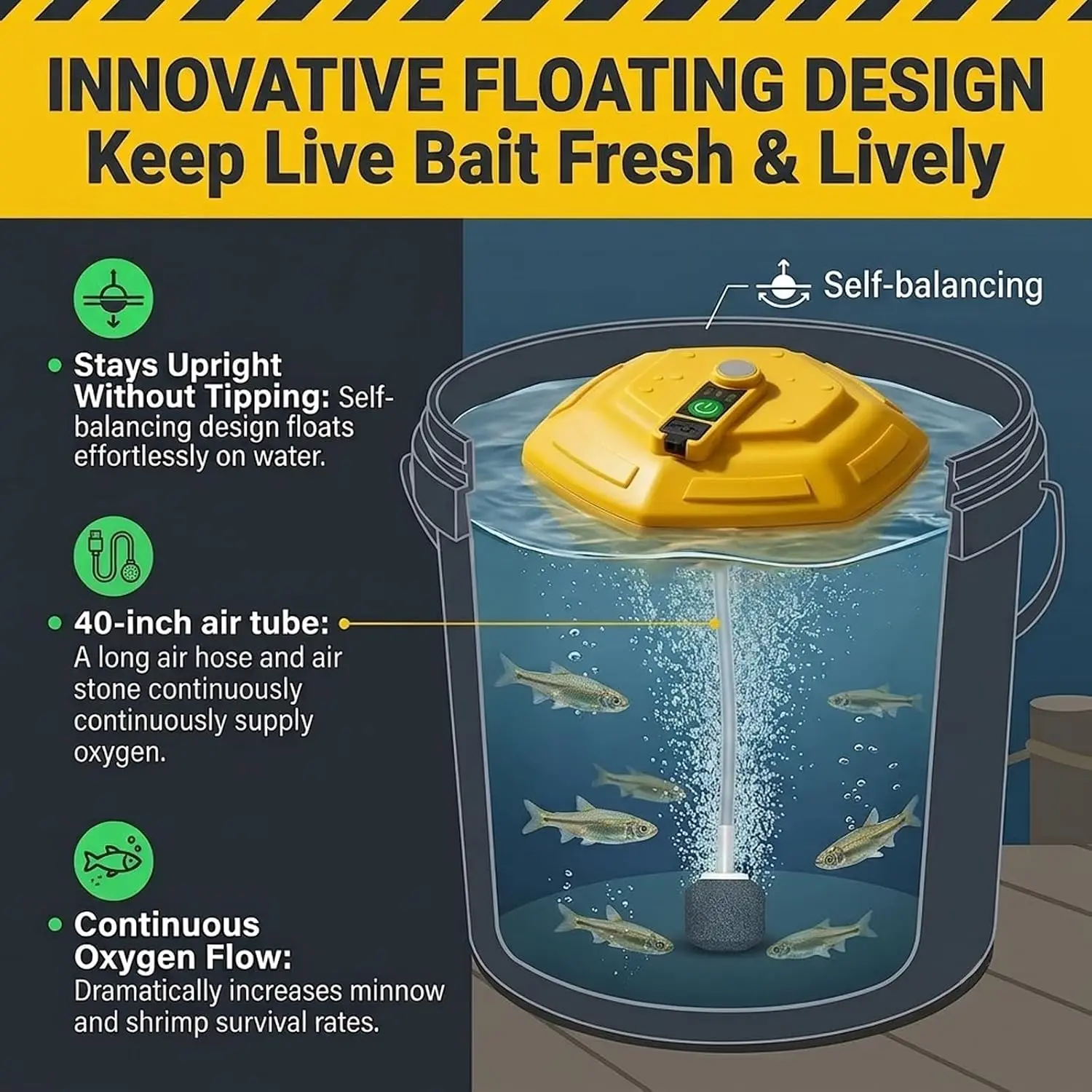 Floating Aerator, Rechargeable Bait Bucket Fish Pump Bubbler
