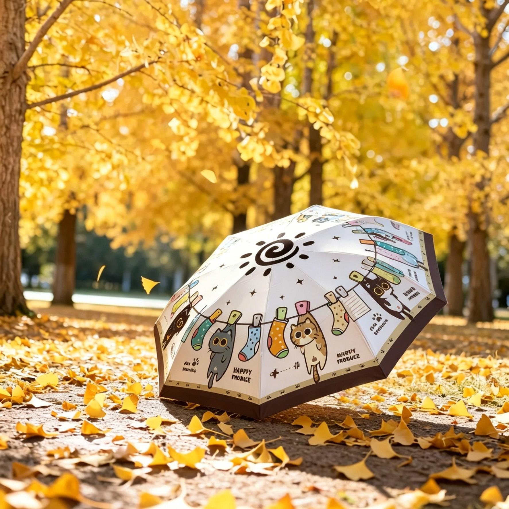 Original Design Cat Party Three-Fold Umbrella, Portable Foldable Sunshade, UV Protection, Inner Lining, Rain and Sunny Use