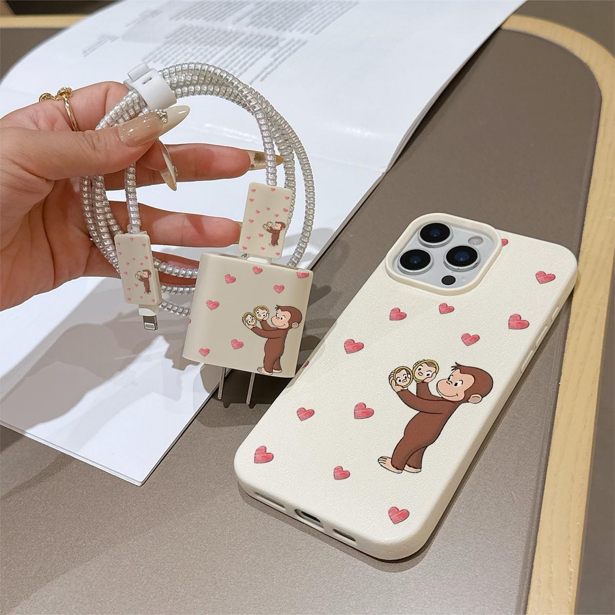 6-Piece Set Creative Heart Monkey Phone Case, Charging Head Cover, Cable Protector, Storage Rope, Data Line Protection for iPhone