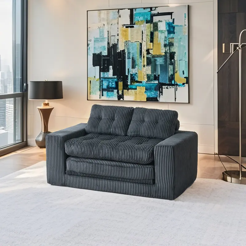 Convertible Sofa Bed, Black Corduroy Boneless Couch with Memory Foam Comfort, 2-in-1 Sleeper Sofa for Small Space Apartment Living Room Bedroom and Home Office, No Assembly Required Comfy Loveseat Furniture