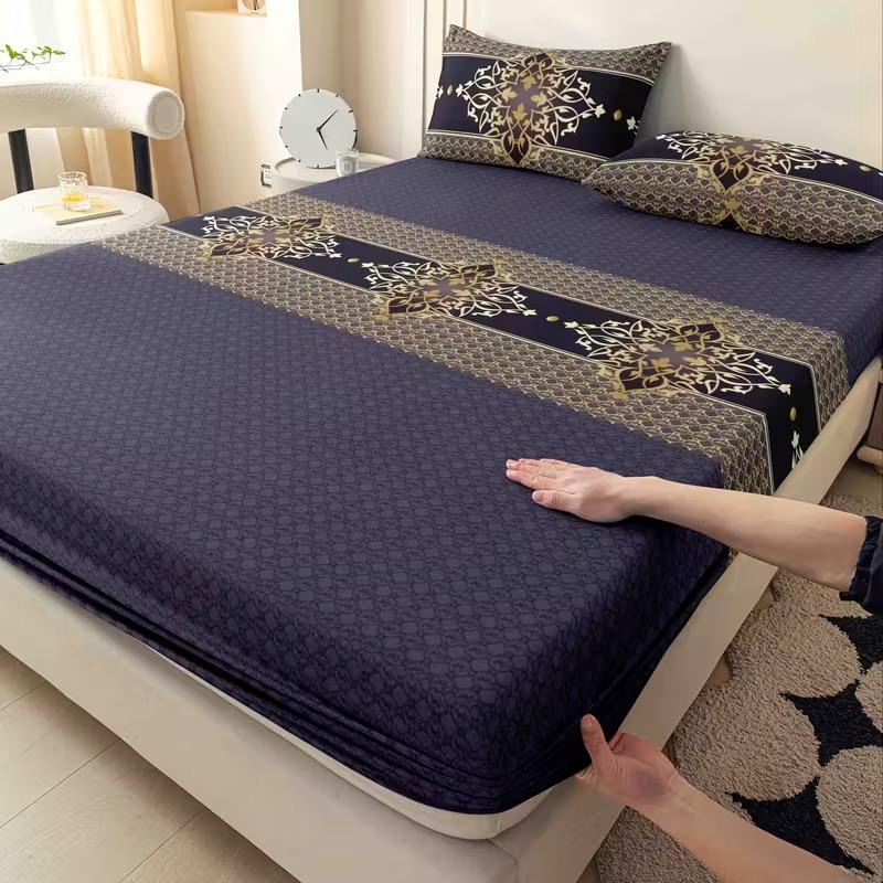 Deep -Blue Patterned Bedding Set, Elastic Edge Binding, High-Count Fabric Resistant to Wrinkles, Durable Washable Luxury Retro Style, Bedsheet Sets, Bed Sheets Set