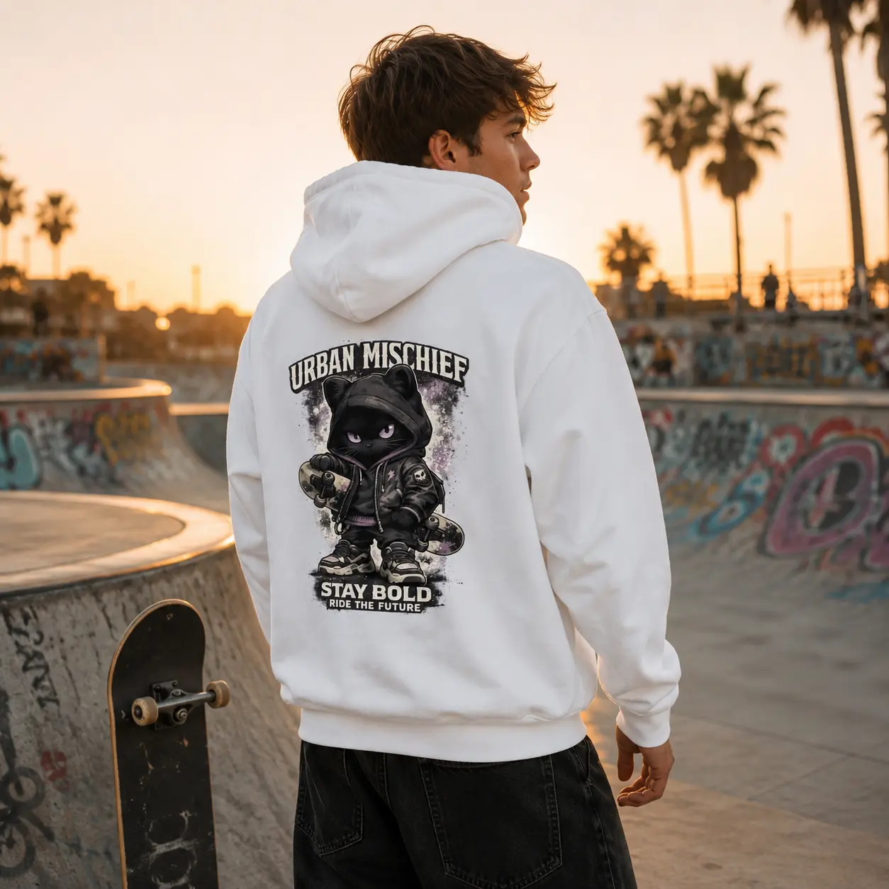 Men's Urban Mischief Graphic Hoodie, Streetwear Pullover Sweatshirt with Cool Cat Skateboard Artwork, Vintage Y2K Style Hoodie for Casual Wear, Skateboarding and Urban Adventures