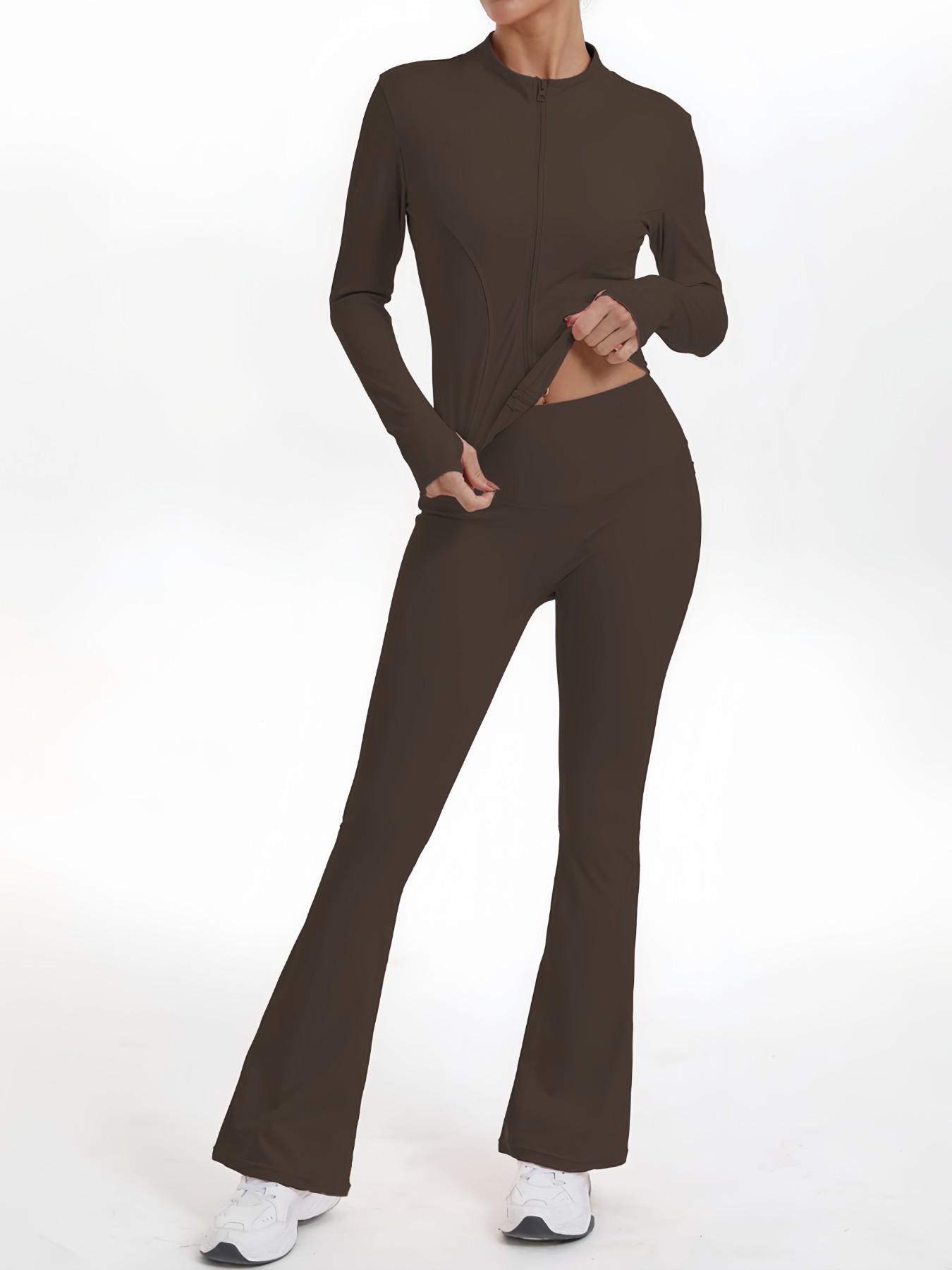 Women's High Waist Yoga Set, Stand Collar Full Zip Jacket & Wide Leg Pants, Soft Comfortable Gym Training Running Cycling Hiking Golf Tennis Yoga Bottoms