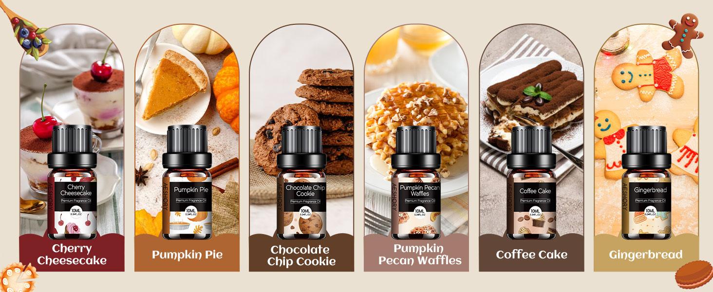 Bakery Essential Oils Set - Fragrance Oil for Diffusers for Home, Candle Making - Pumpkin Pie, Coffee Cake, Gingerbread, Cherry Cheesecake Aromatherapy Scented Oils (6x10ML) Bath Chocolate