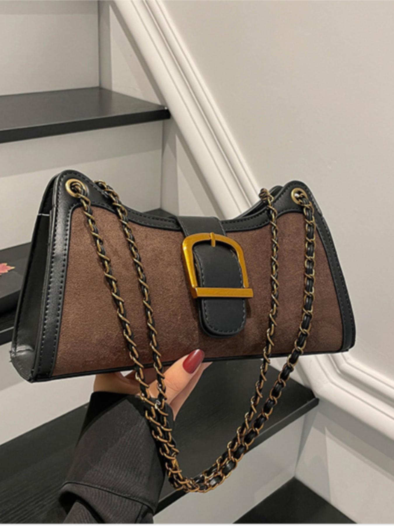 Women's French Vintage Colorblock Underarm Bag, Lightweight Single Shoulder Bag with Ribbon Patchwork Design, Stylish and Unique Handbag