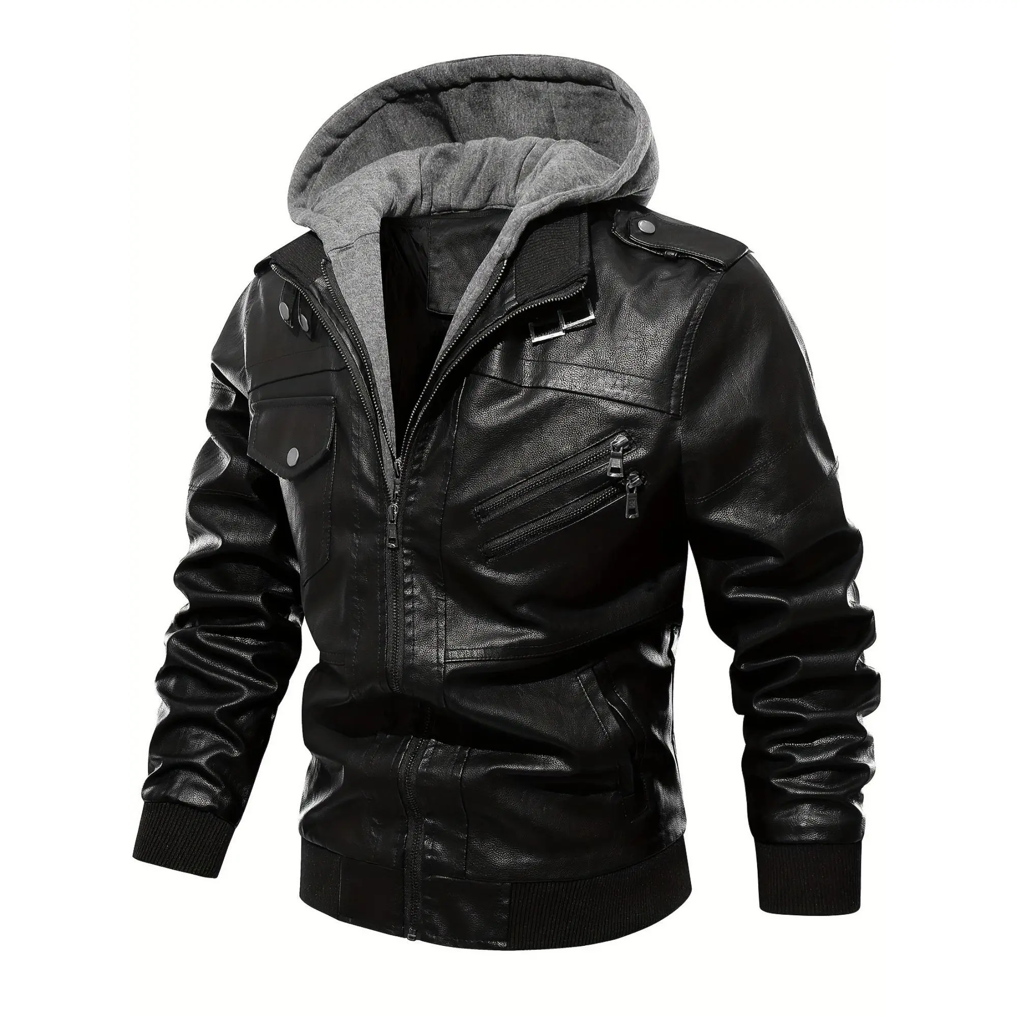 Men's PU Leather Biker Moto Jacket - Woven Fabric Hood, Full-Zip, Lightweight Wind-Resistant, Fall Winter Casual Streetwear Layered-Look Clothes Products, Solid Motorcycle Menswear for Outdoor Cycling Outerwear
