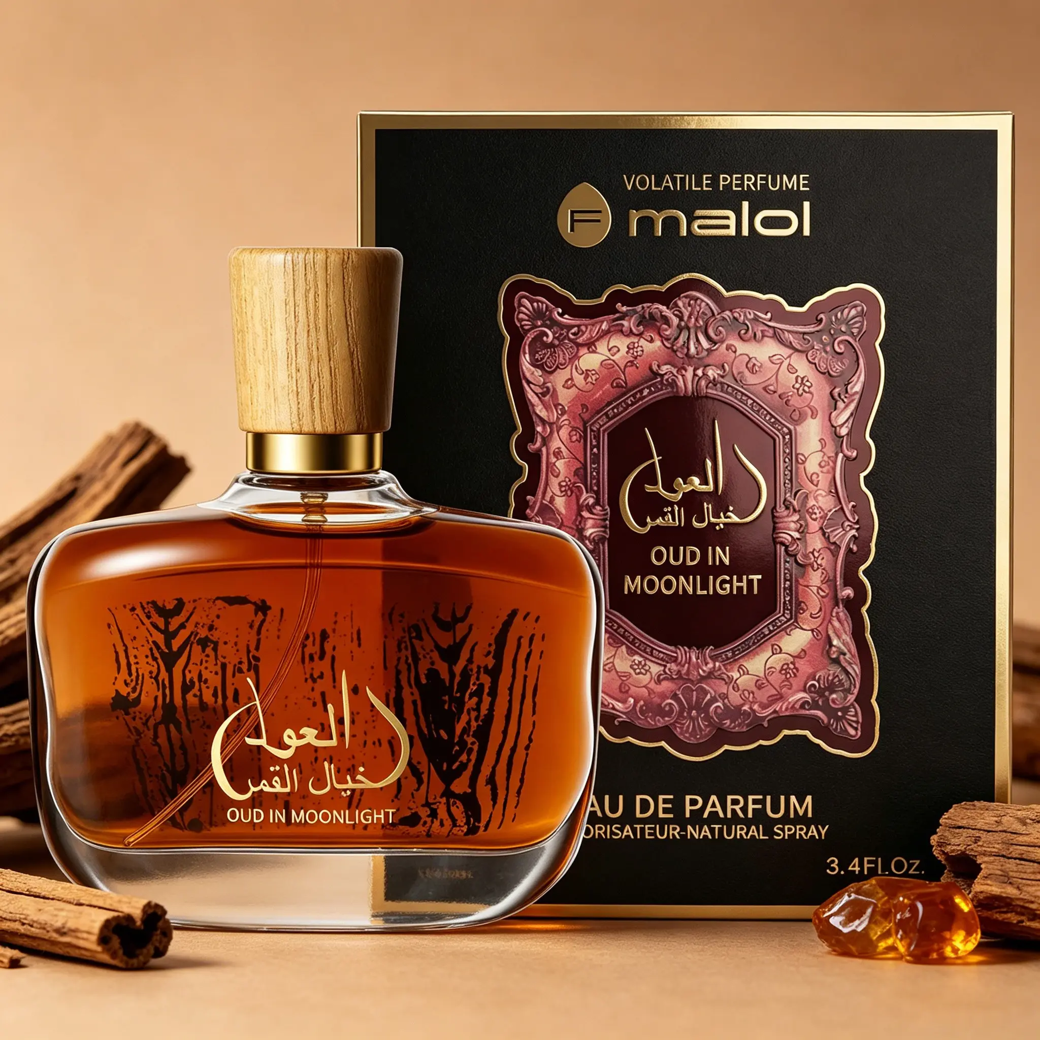 Oriental Woody Men’s Cologne 100ml Oud & Amber Scent, Long-Lasting Intense Fragrance, Amber-Brown Bottle with Arabic Engraving, Luxurious Finish, Ideal for Gifting & Evening Wear