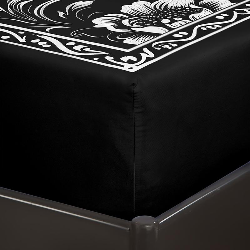 3 Pieces Black Skull Floral Fitted Sheet Set (1 Fitted Sheet + 2 Pillowcases without Pillows) High-Definition Digital Printing, Trendy Cool Bedroom Infused with Gothic Romance, Unlocks Niche Trendy Bedroom Style Bedding Accessories