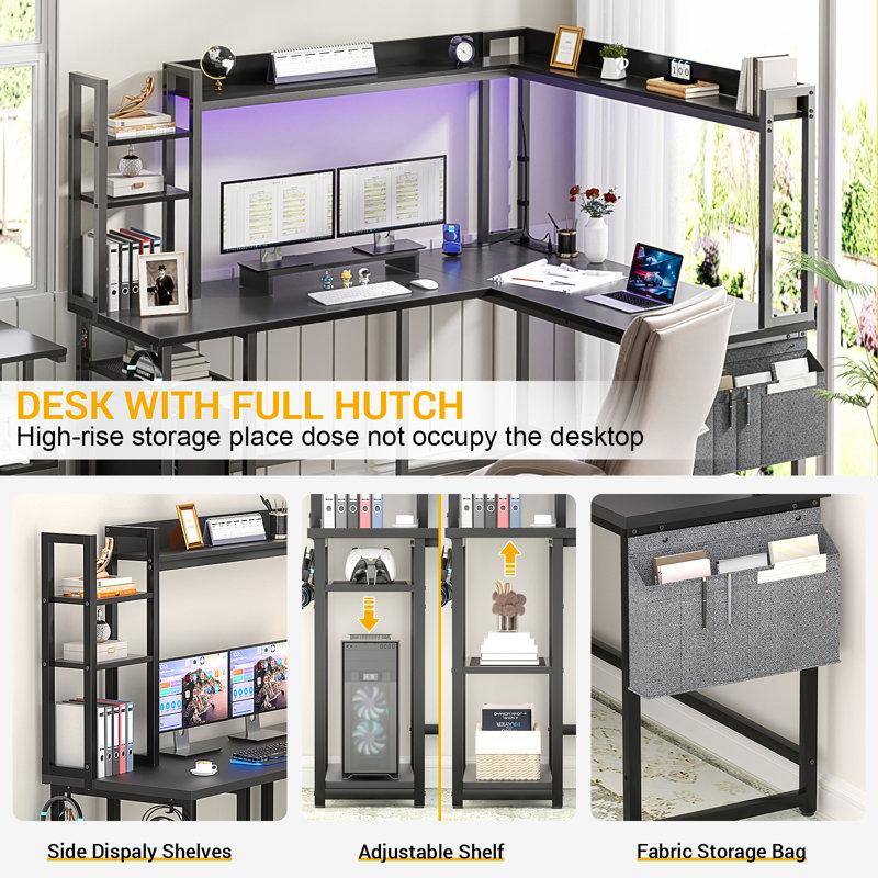Unikito L-Shaped Desk with Hutch & Power Outlet Gaming Desk Corner Computer Desk with LED Lights Reversible Design Sturdy Metal Frame MDF Board Adjustable Storage Shelves Black Color 55 x 55 inches Office Furniture Unikito L-Shaped Desk with Hutch & Power Outlet Gaming Desk Corner Computer Desk with LED Lights Reversible Design Sturdy Metal Frame MDF Board Adjustable Storage Shelves Black Color 55 x 55 inches Office Furniture