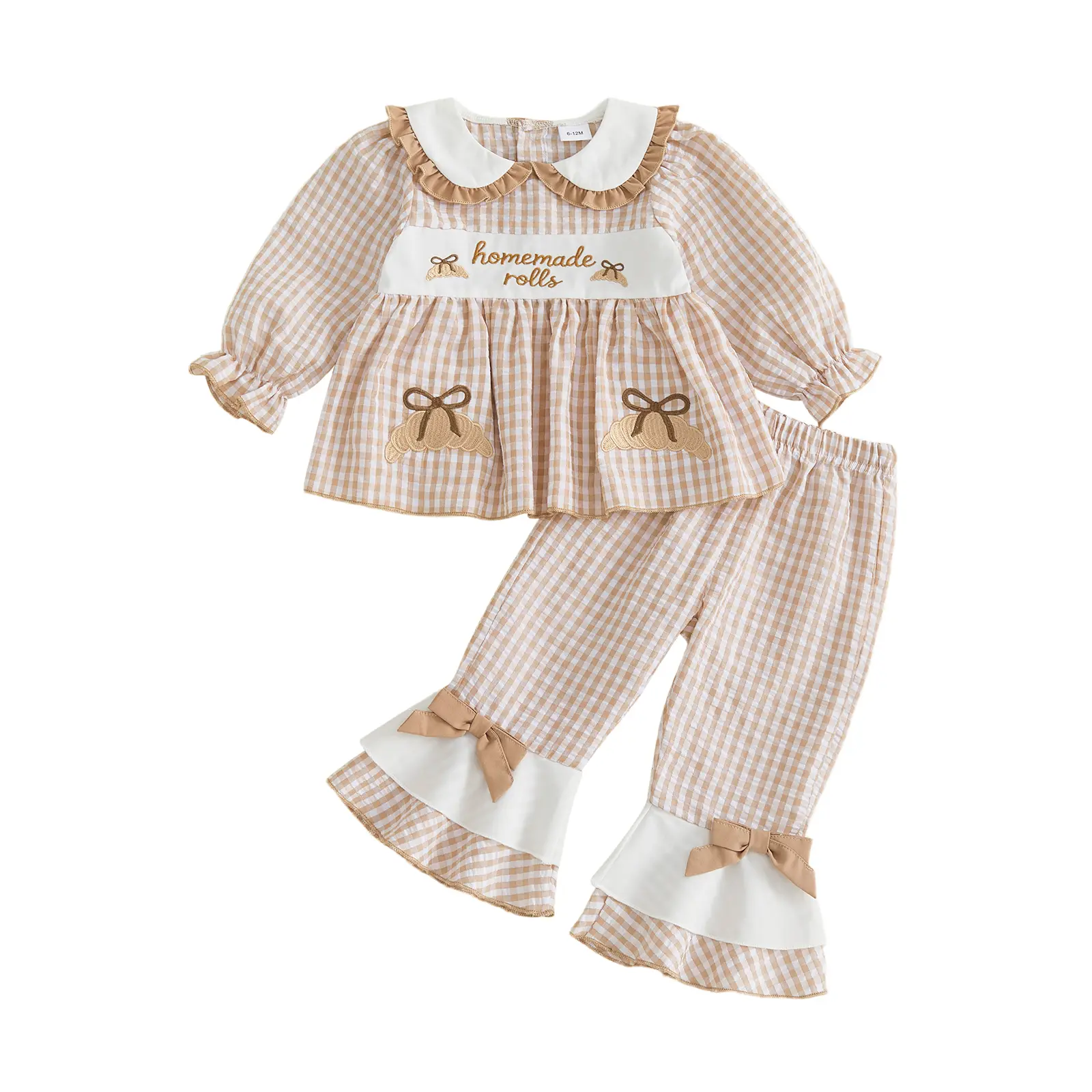 REDWOON Toddler Baby Little Girl Thanksgiving Gingham Outfit Ruffled Peter Pan Collar Homemade Rolls Embroidery Long Sleeve Top Flare Pants Set