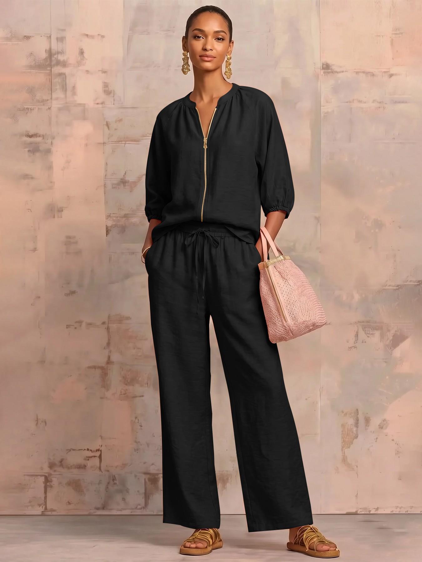 Minimalist Textured Matching Suit, Front Zip Blouse, Loose-Fit Casual for All Seasons, Adult Women's Clothing Set，loungewear set ，Vintage Casual Co-ord Outfit, Soft comfy fabric, skin-friendly, Casual Lounge Sets