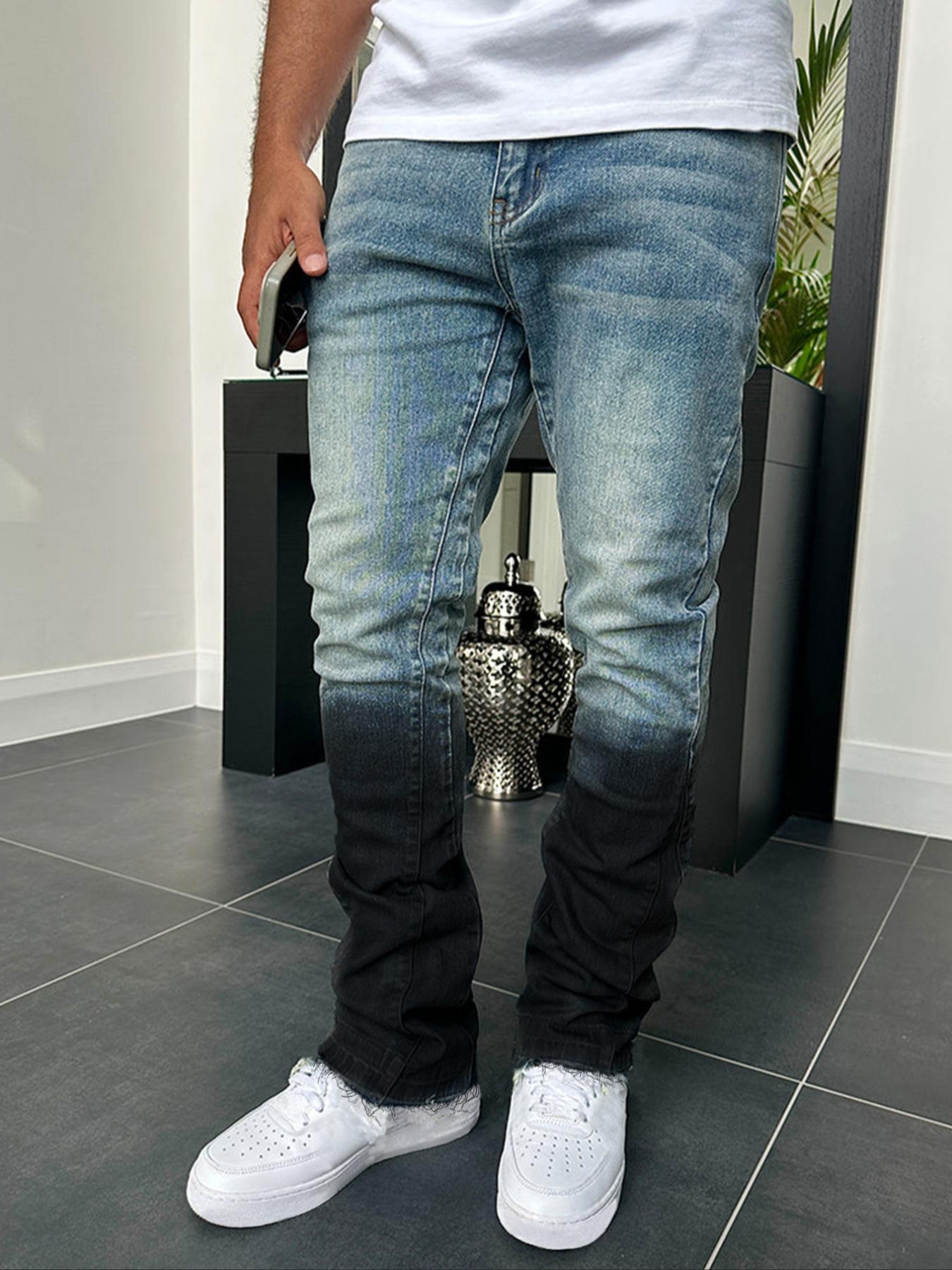 Men's Blue Slim Fit Elastic Straight Leg Jeans, Vintage Washed Look, Zipper Fly, All Seasons, Minimalist Style