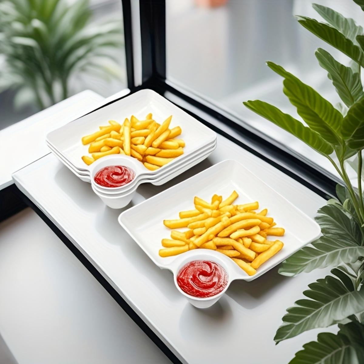 4PCS Multi-Purpose Divided Serving Plate Set, Plastic Snack Trays with Separate Dip Sauce Section, Perfect for Appetizers, Fried Chicken, Fries, Sushi, Dumplings and Desserts, Crack-Resistant, Microwave and Dishwasher Safe, Kitchen Restaurant Dorm