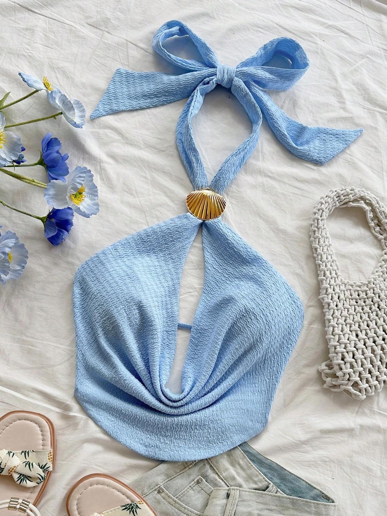 Women's Fresh Style Ruffled Halter Top, Shell Metal Buckle Accent Tie Design, Soft Breathable Fabric, Casual Fashion